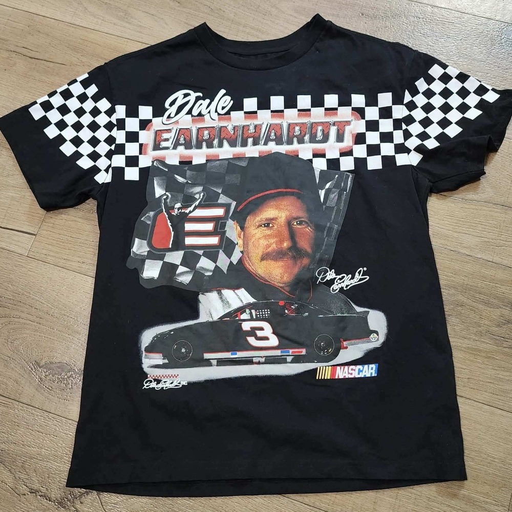 NASCAR Dale Earnhardt #3 Graphic T-Shirt Black Checkered Sleeve Mens Medium